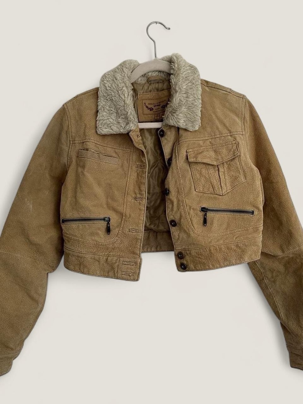 Vintage Genuine Leather Cropped Sherpa Collar Jacket